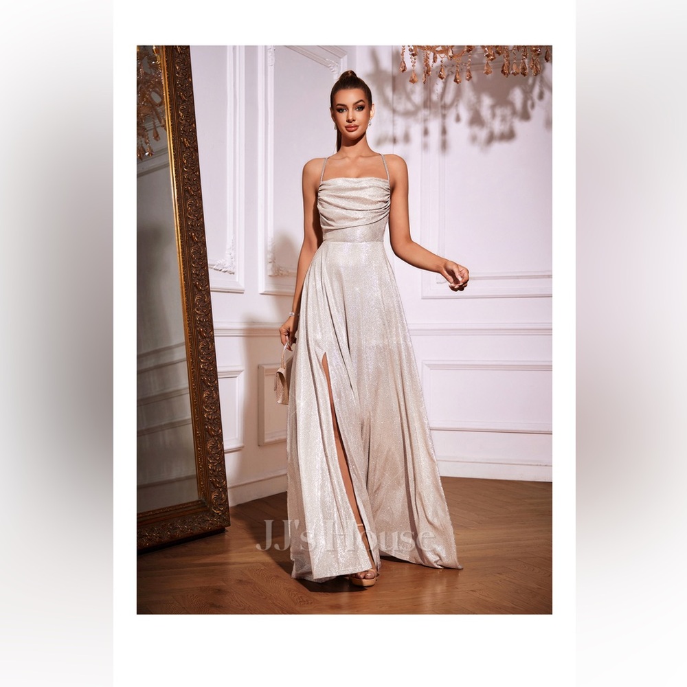 JJs House Shimmering Sparkly Silver Maxi Dress A-line Cowl Floor-Length SMALL
